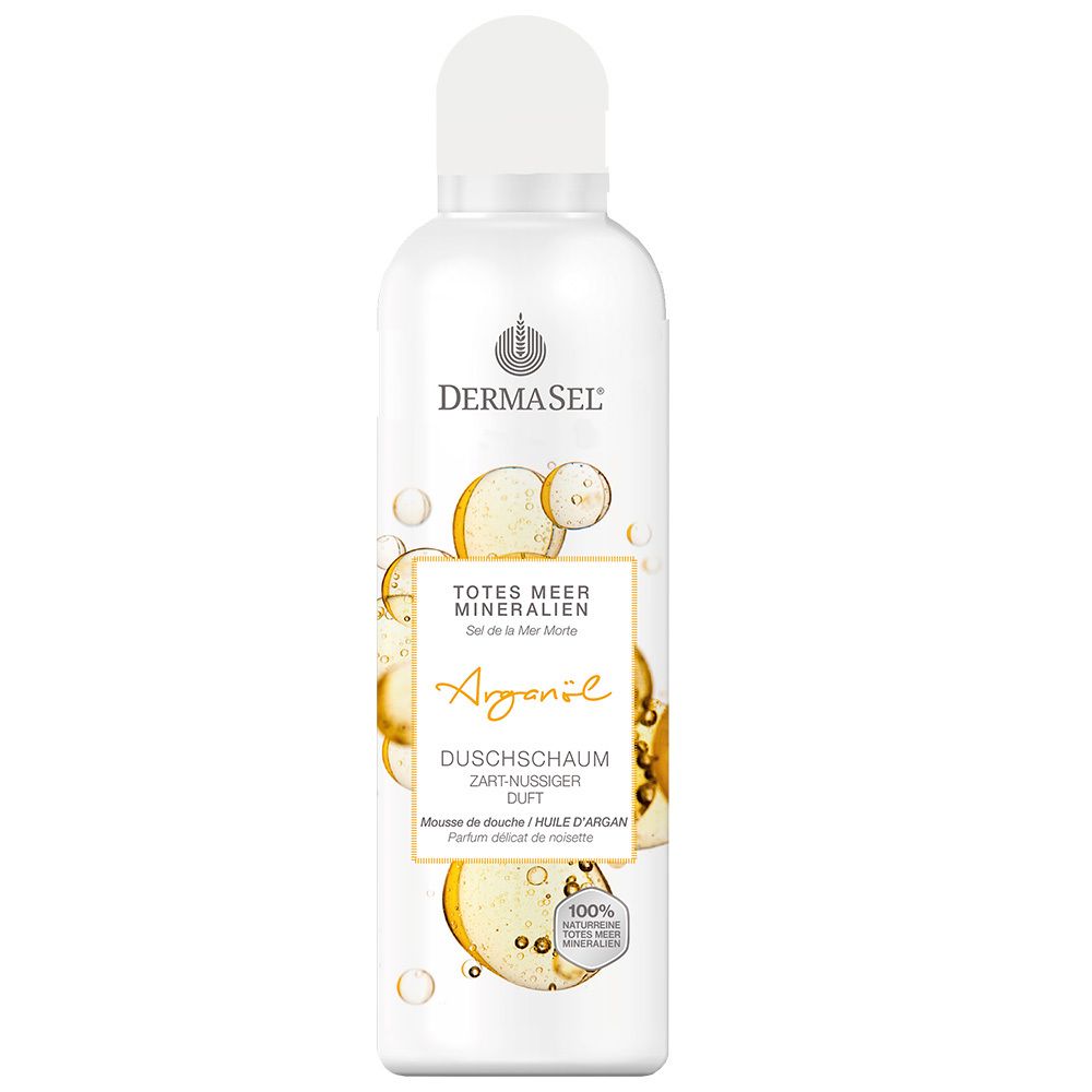 Flacon blanc DERMASEL® Duschschaum Arganöl. Inscription: Totes Meer Mineralien, Arganöl, Duschschaum, 100%.