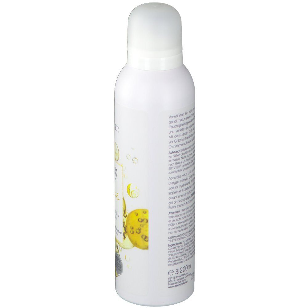 Flacon blanc avec texte. Inscription: Anwendung, Inhaltsstoffe, Warnhinweise. 200ml. Code-barres.