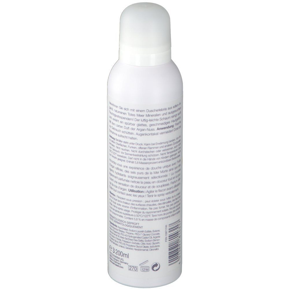 Flacon blanc avec texte. Inscription: Anwendung, Inhaltsstoffe, Warnhinweise. 200ml. Code-barres.
