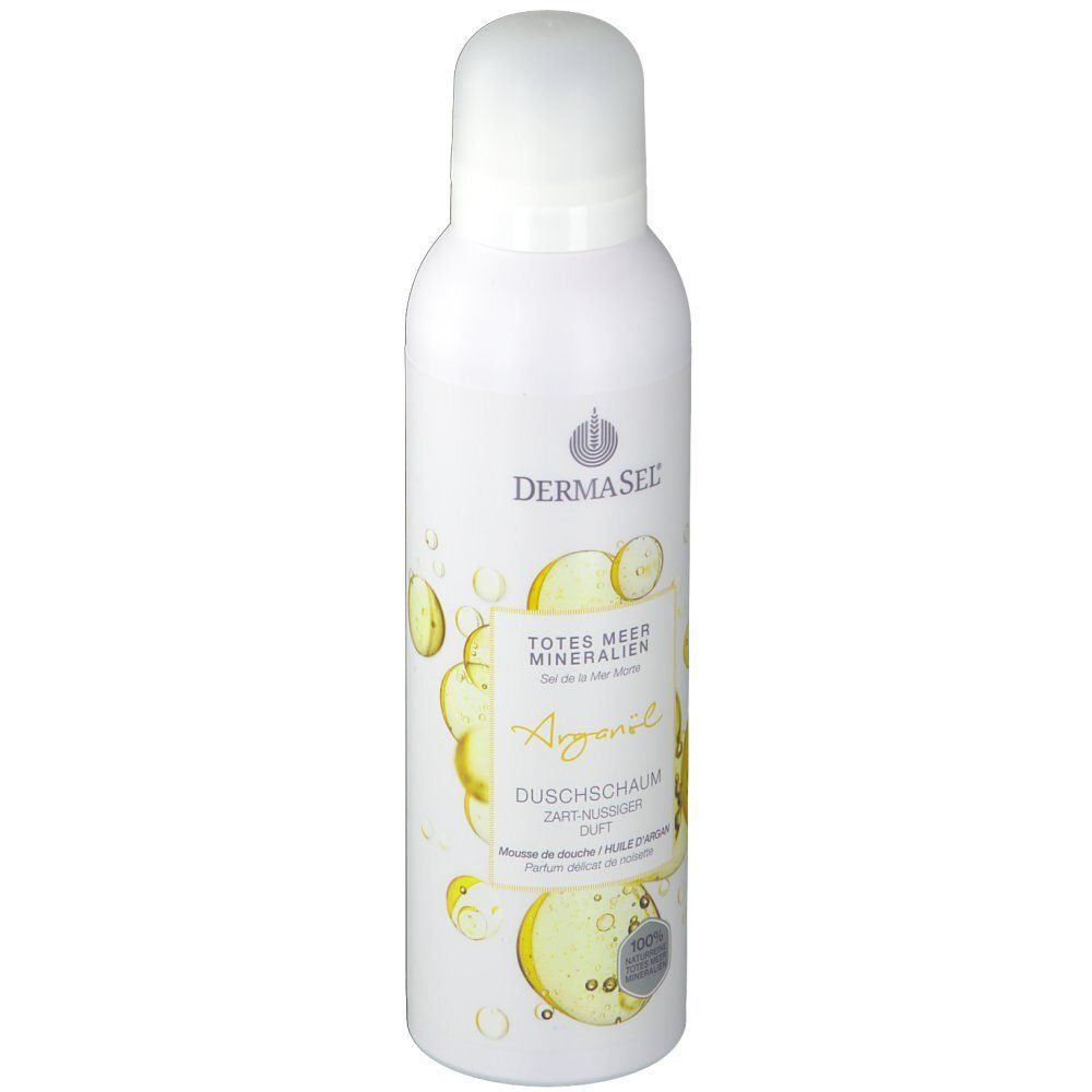 Flacon blanc DERMASEL® Duschschaum Arganöl. Inscription: Totes Meer Mineralien, Arganöl, Duschschaum, 100%.