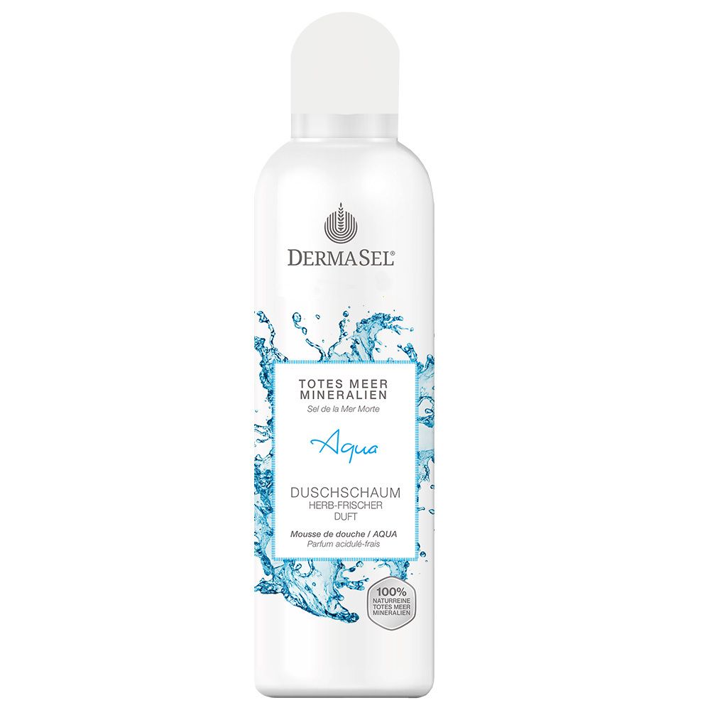 Weiße Flasche mit Sprühkopf. Aufschrift: DERMASEL, Totes Meer Mineralien, Aqua, Duschschaum. Blauer Wasser-Effekt.