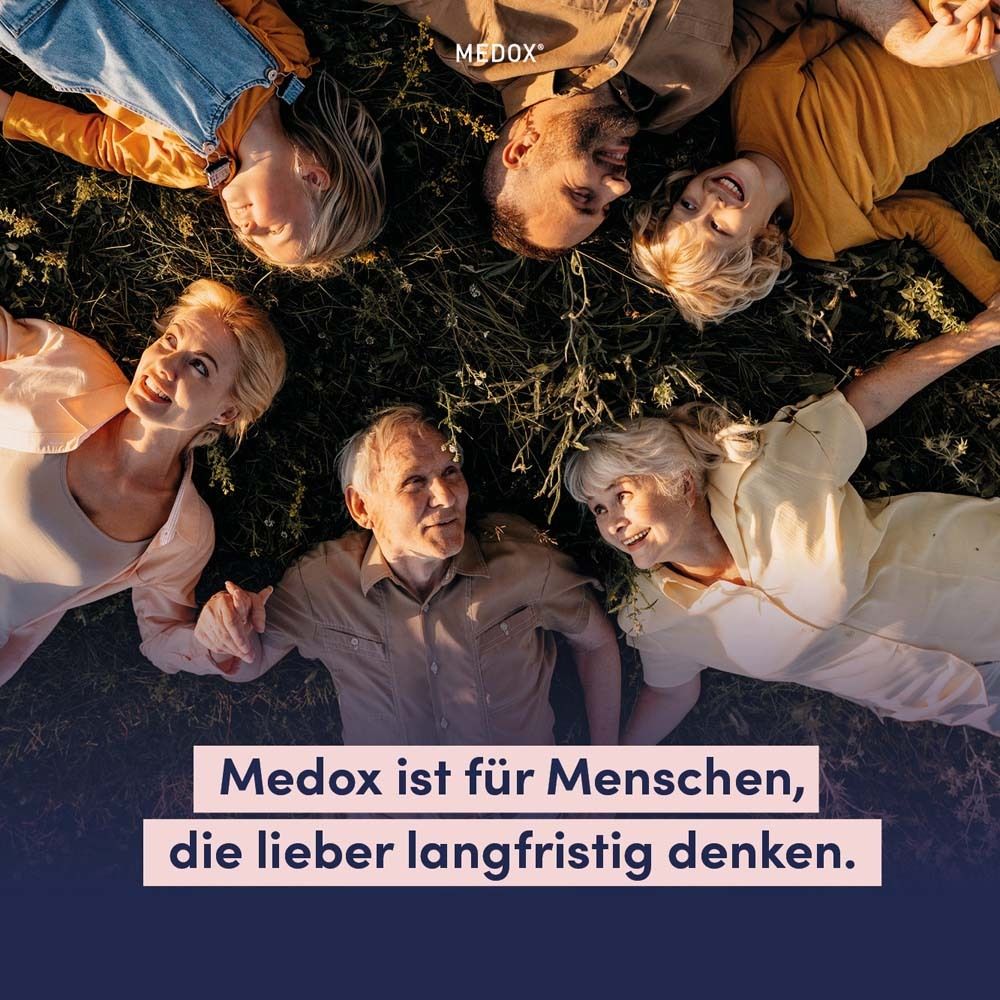 Emballage MEDOX® avec myrtilles et cassis. Texte : Avec anthocyanes. Produit de Norvège.