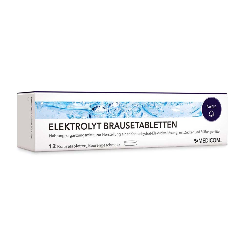 MEDICOM® ELEKTROLYT BRAUSETABLETTEN. Karton mit 12 Brausetabletten. Text und Logo auf weißem Hintergrund.