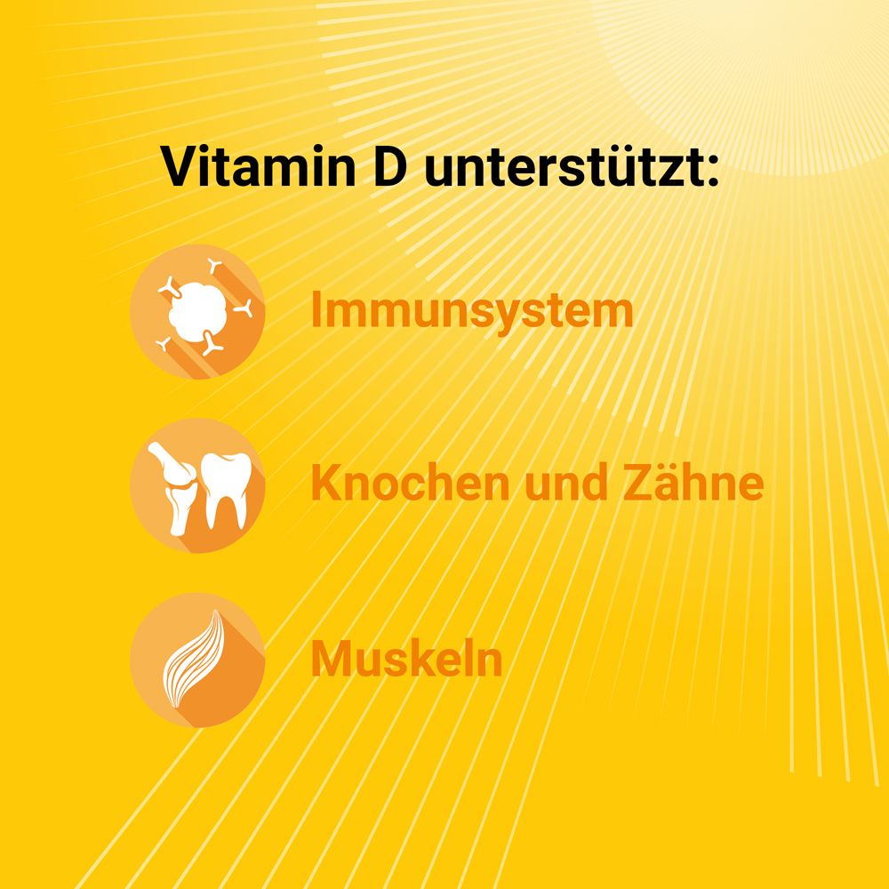 Gelber Hintergrund mit Illustrationen. Vitamin D unterstützt Immunsystem, Knochen und Zähne, Muskeln.