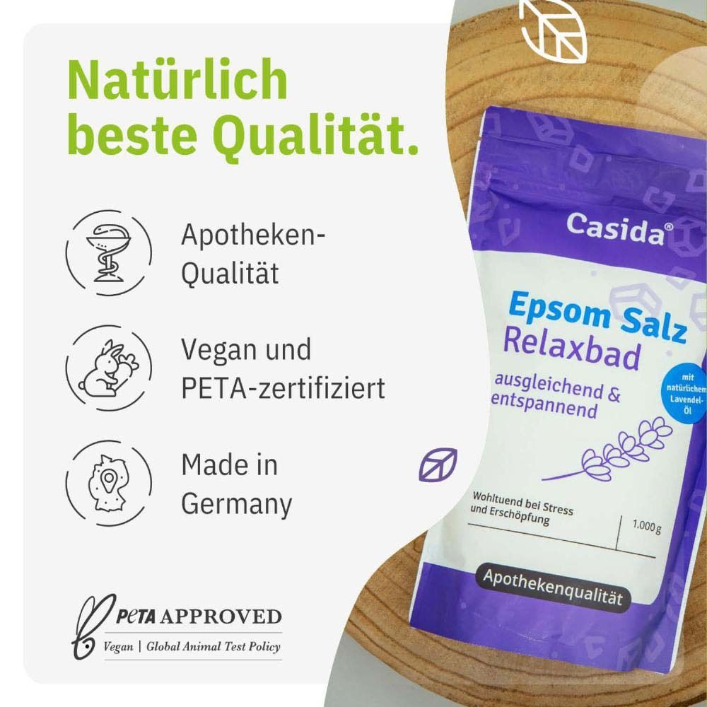 Emballage du produit et texte sur fond vert. Qualité pharmacie, vegan et certifié PETA, fabriqué en Allemagne.