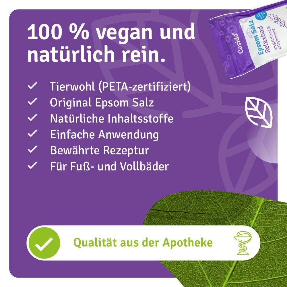 Fond violet avec texte: 100% vegan et naturellement pur. Certifié PETA, sel d'Epsom original, utilisation facile, qualité pharmacie.