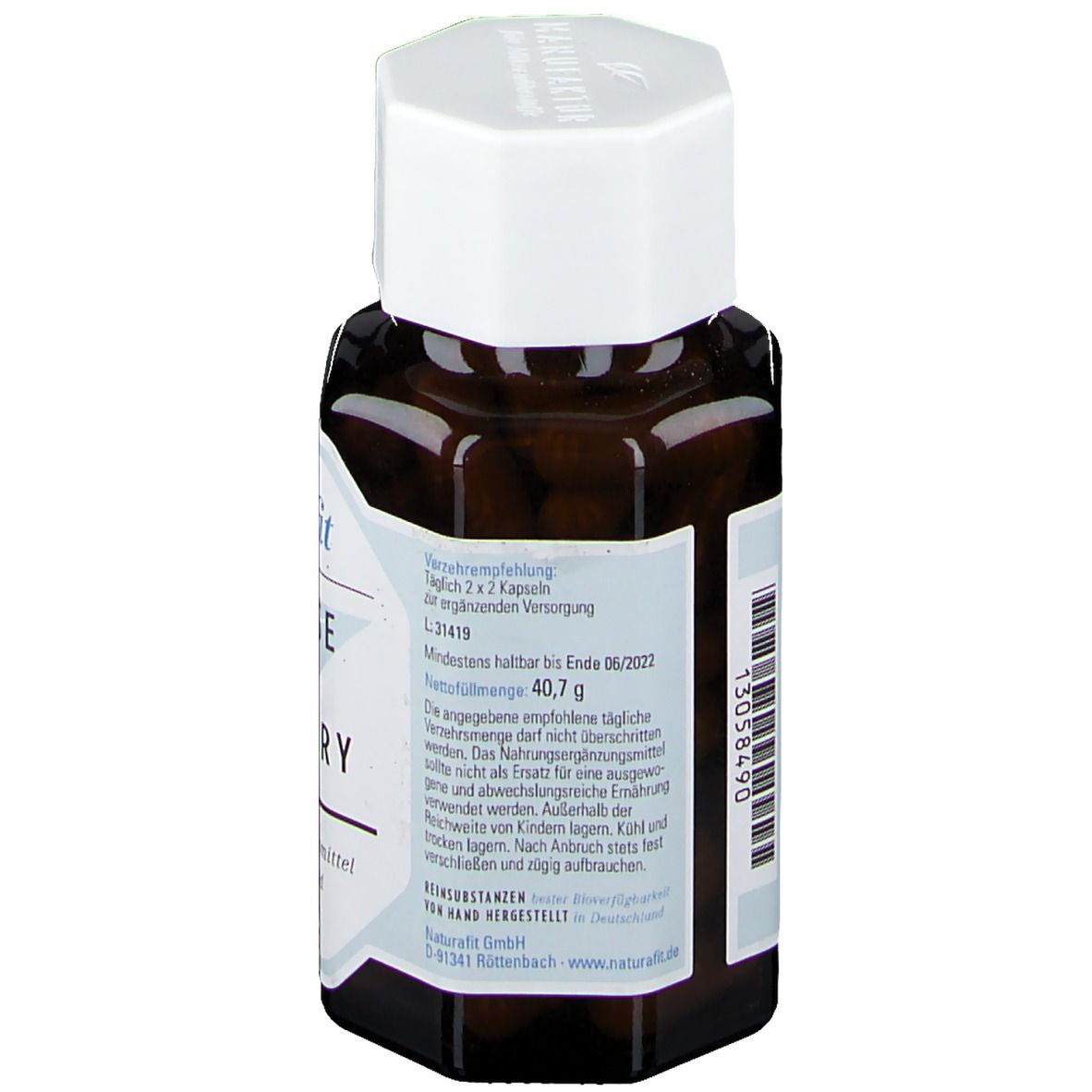 Rückansicht der braunen Flasche mit weißem Deckel. Etikett mit Produktinformationen und Chargennummer.