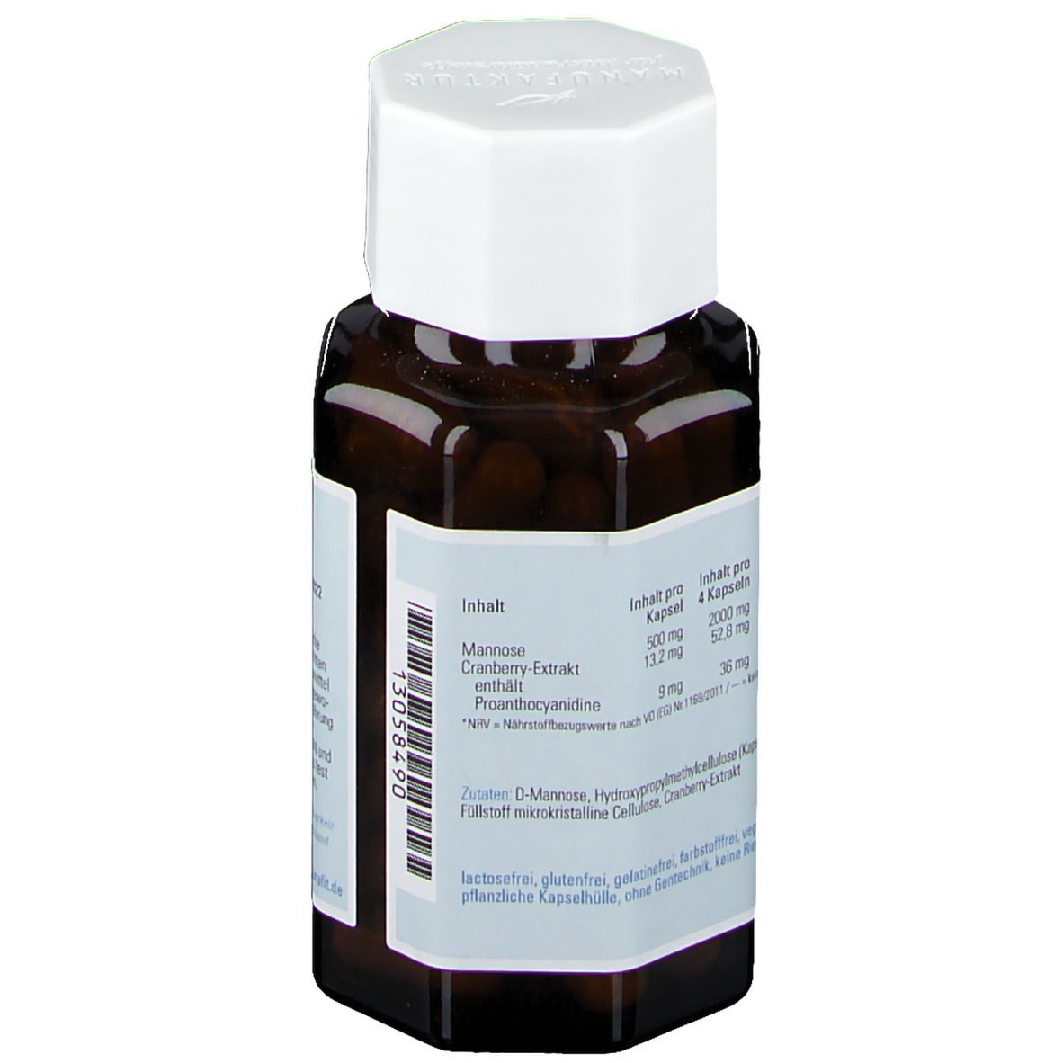 Rückansicht der braunen Flasche mit weißem Deckel. Etikett mit Inhaltsstoffen und Nährwertangaben.