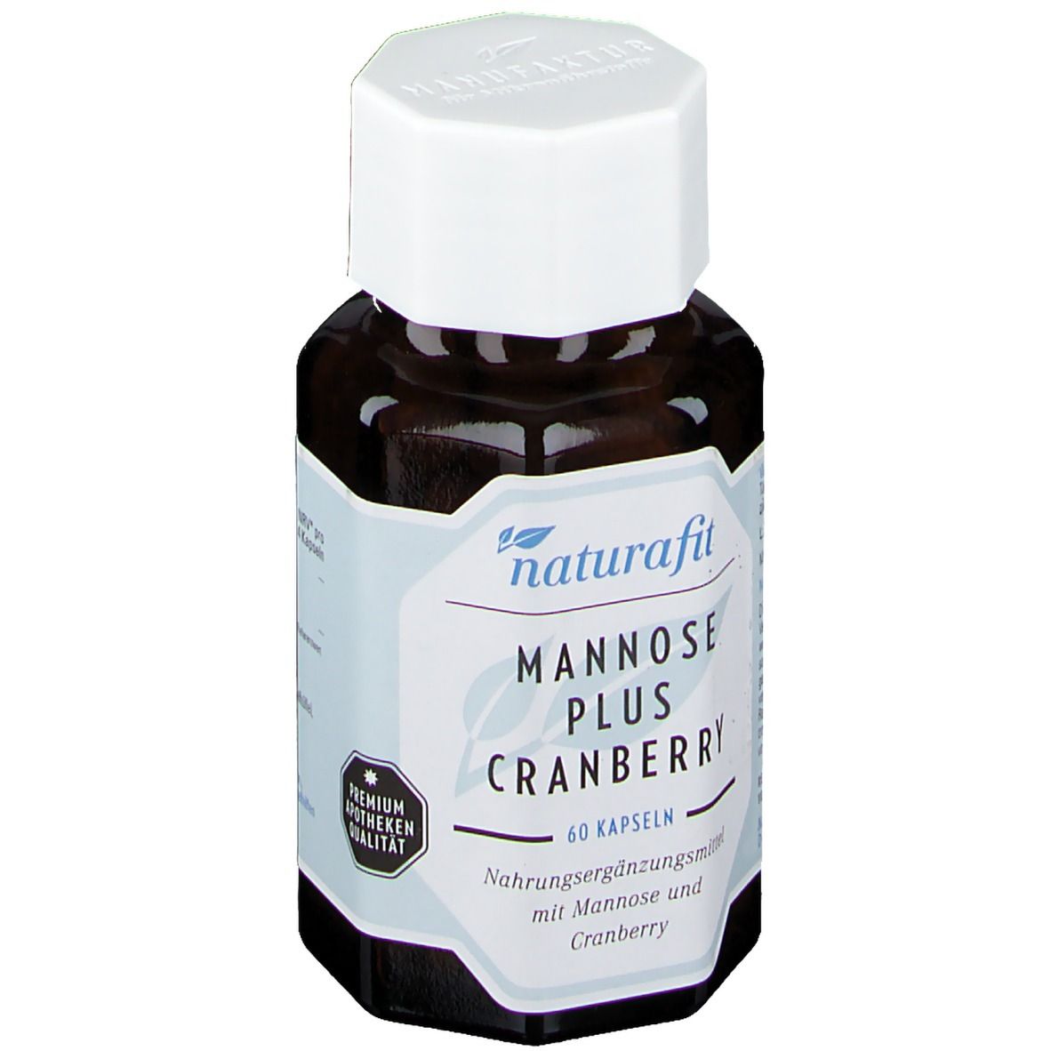 Braune Flasche mit weißem Deckel. Auf dem Etikett steht naturafit® Mannose Plus Cranberry, 60 Kapseln.
