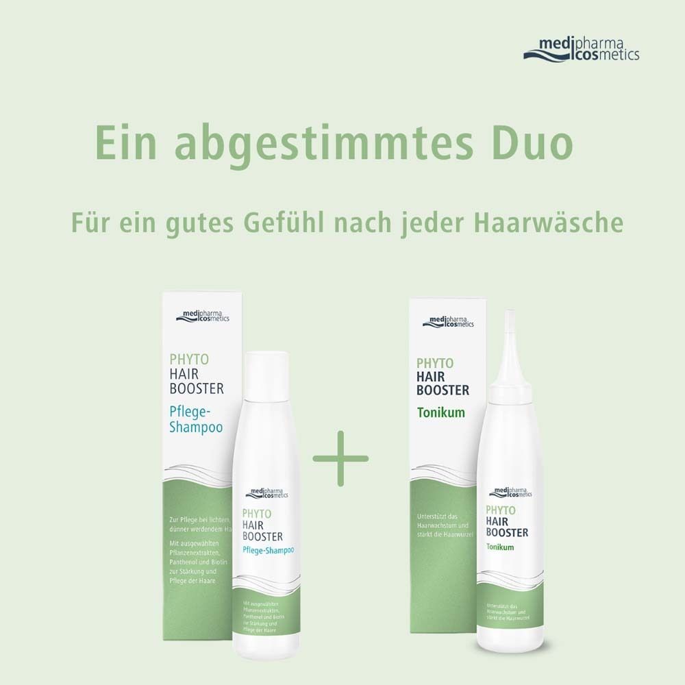 Infografik: Ein abgestimmtes Duo. Shampoo und Tonikum. Text: Für ein gutes Gefühl nach jeder Haarwäsche. Produkte nebeneinander.