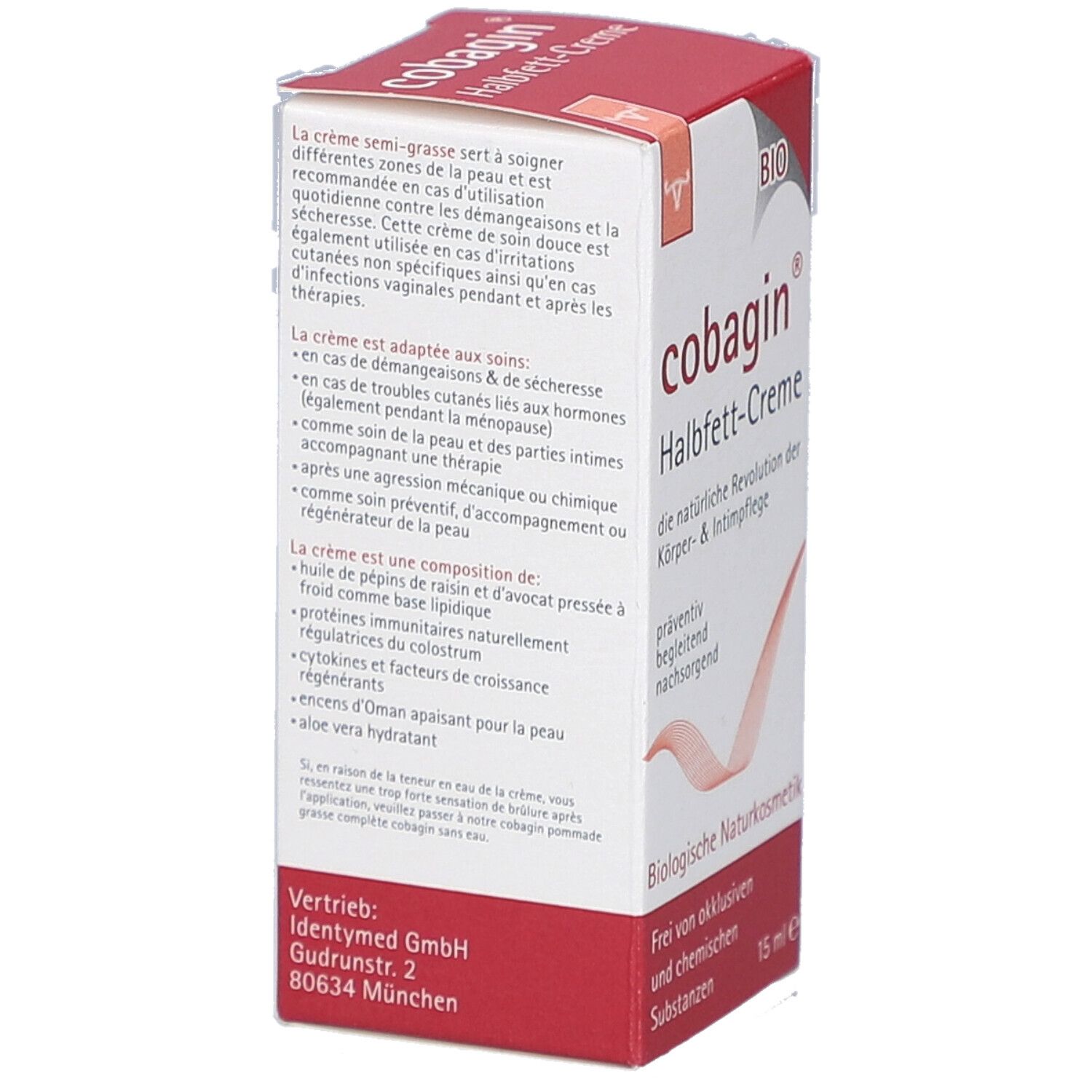 COBAGIN Halbfett-Creme Verpackung. Rückseite mit Text in Deutsch und Französisch. Bio-Siegel und Herstellerinformationen.