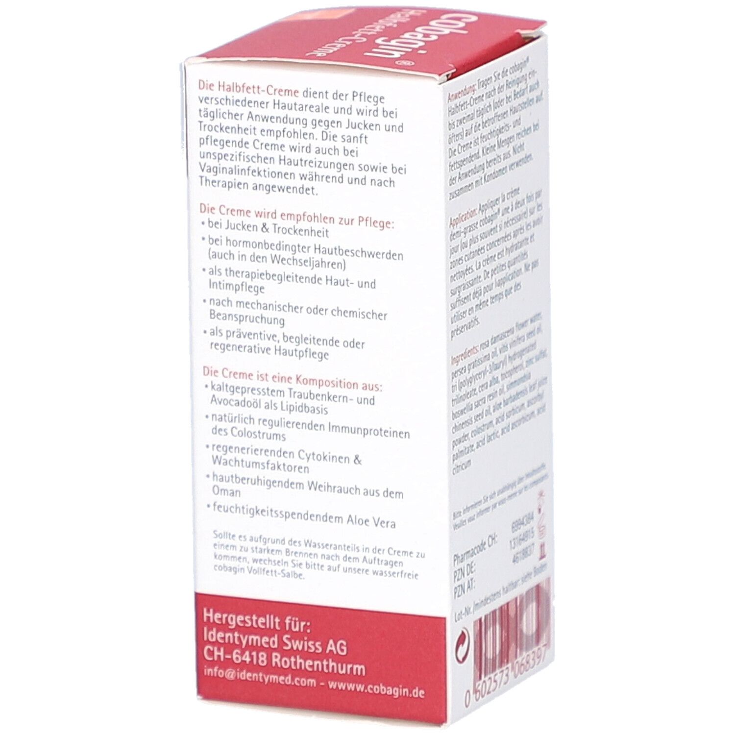 COBAGIN Halbfett-Creme Verpackung. Rückseite mit Anwendungsbereichen und Inhaltsstoffen. Herstellerinformationen.