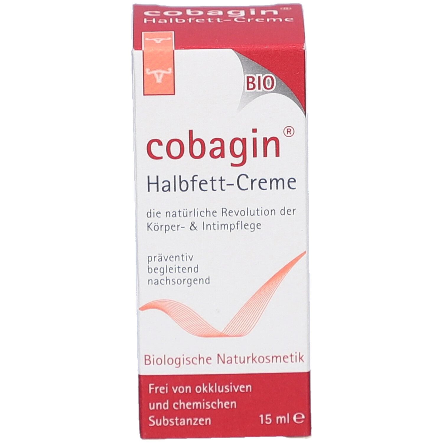 COBAGIN Halbfett-Creme Verpackung. Vorderansicht der Schachtel mit Produktnamen und Bio-Siegel. 15 ml.