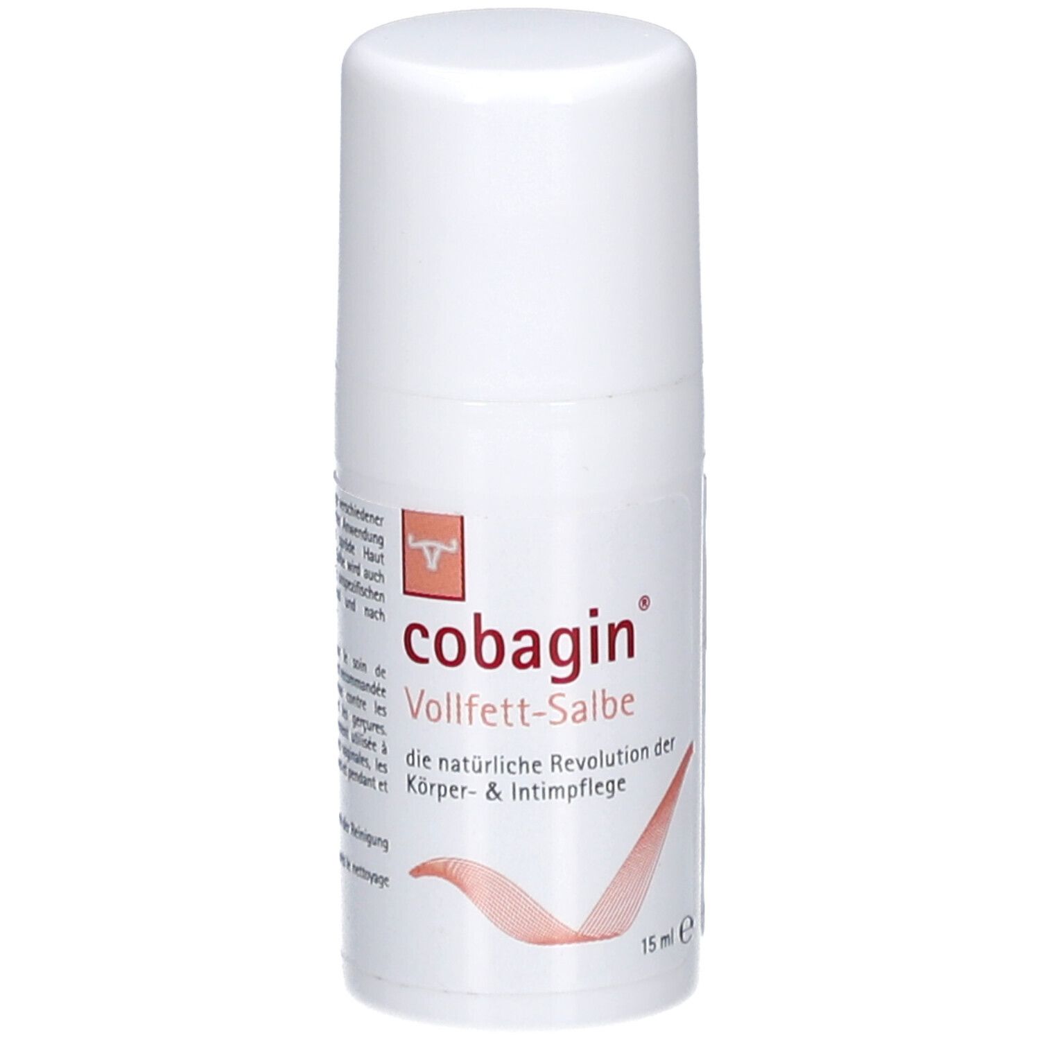 Weißer Roll-on-Behälter mit orangefarbenem Etikett. Aufschrift: cobagin® Vollfett-Salbe. Logo mit stilisiertem Tier. 15 ml.