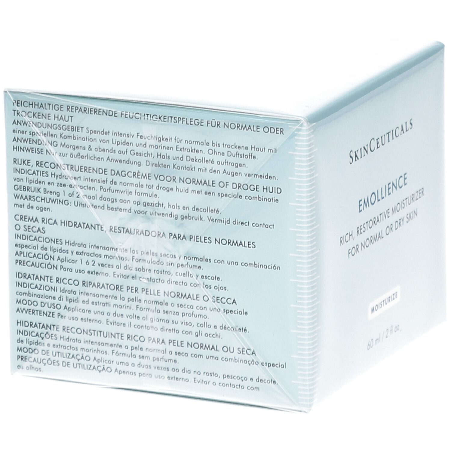 Rückseite der Skinceuticals Emollience Creme Verpackung. Text in mehreren Sprachen. Inhaltsstoffe und Anweisungen.
