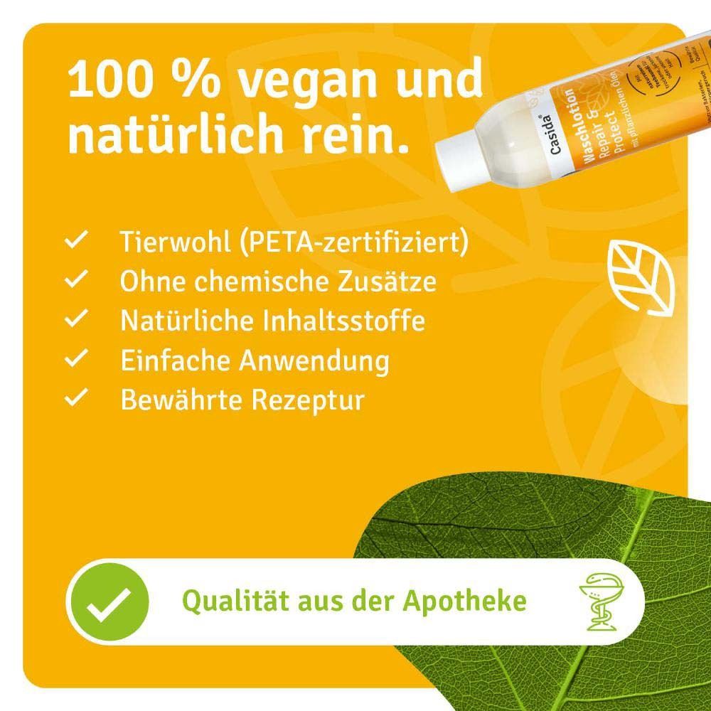 Gelber Hintergrund mit Produkt. Text: 100 % vegan und natürlich rein. Tierwohl (PETA-zertifiziert), ohne chemische Zusätze, Apothekenqualität.