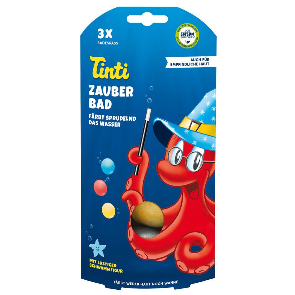 Verpackung mit Produktnamen und Illustration eines Oktopus mit Zauberstab. Enthält 3 Badebälle.
