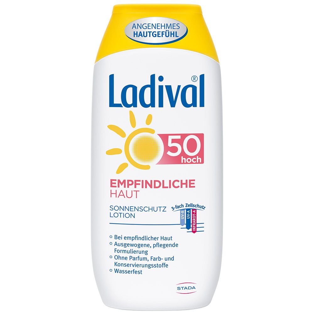 Sonnenlotion mit LSF 50. Weißes Fläschchen mit gelbem Deckel. Aufschrift: Ladival, Empfindliche Haut, Sonnenschutz Lotion.