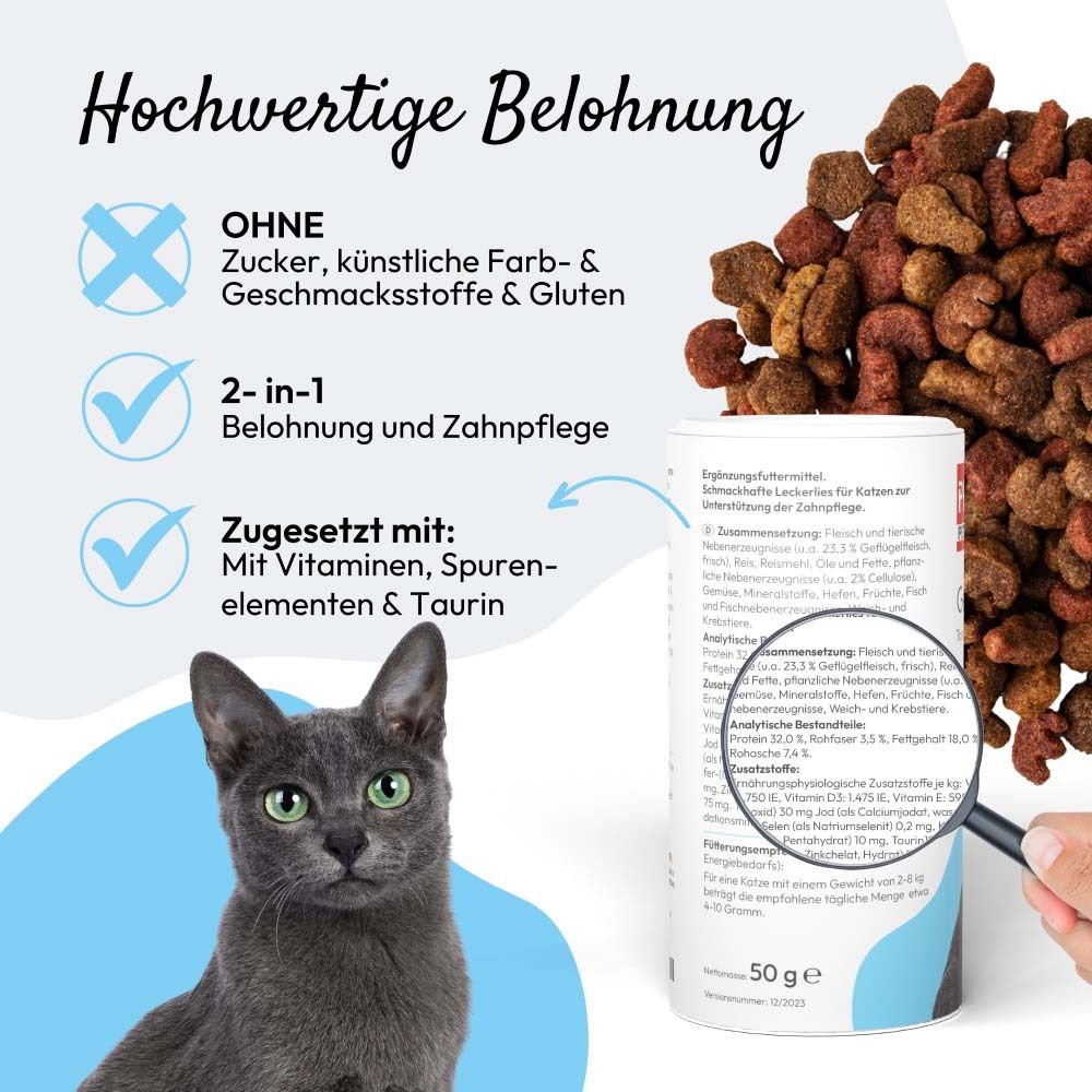 Produktinformationen mit Lupe hervorgehoben. Ohne Zucker, künstliche Zusätze. 2-in-1 Belohnung.