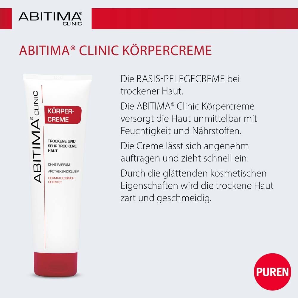ABITIMA® CLINIC Körpercreme Tube. Weiße Tube mit rotem Streifen. Text: Körpercreme, trockene Haut. Ohne Parfum, dermatologisch getestet.