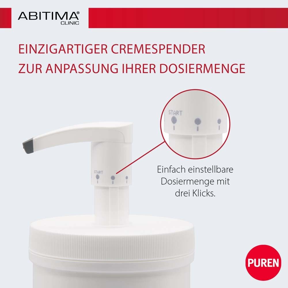 ABITIMA® CLINIC Cremespender. Weißer Spender mit Pumpe. Einstellbare Dosiermenge mit drei Klicks.