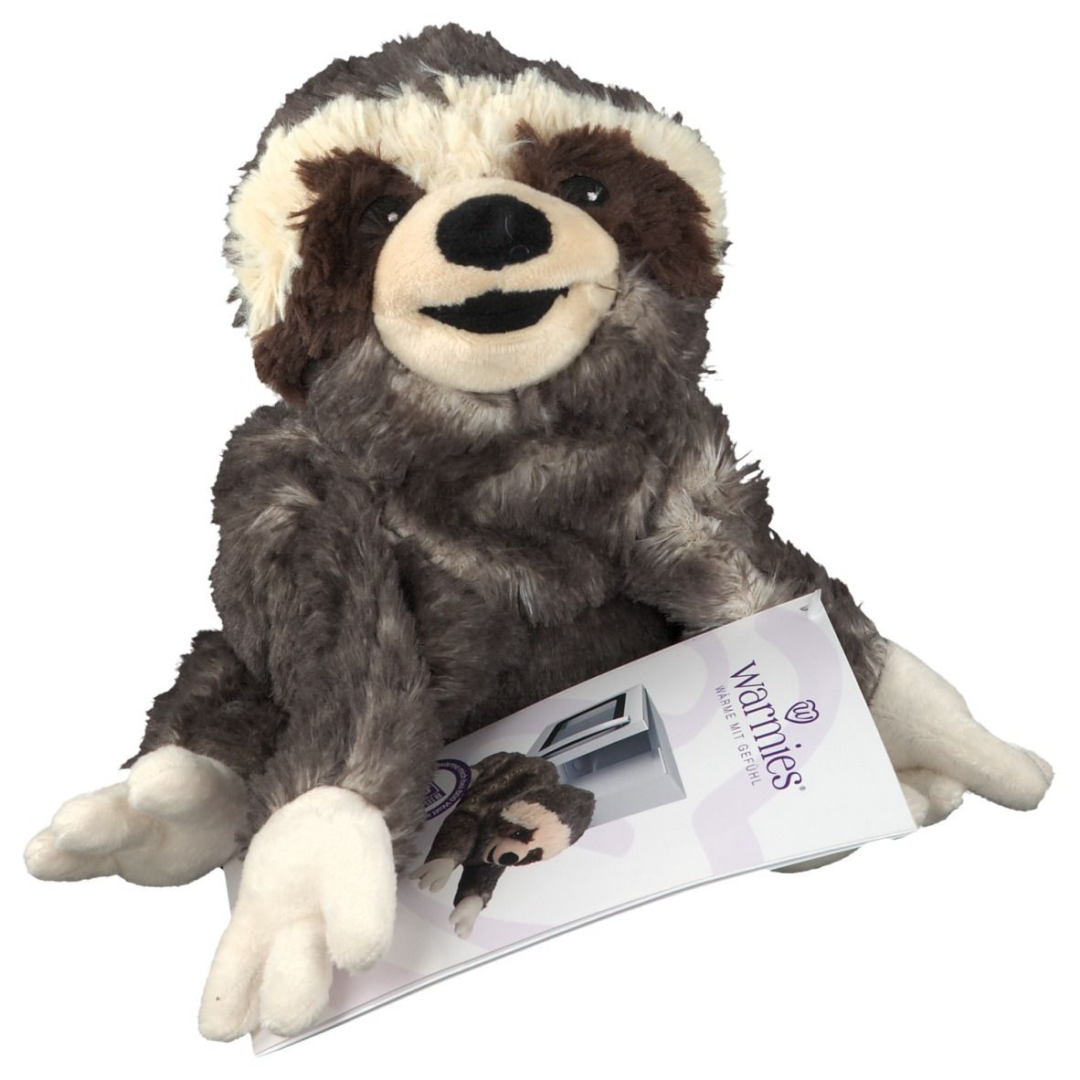 Plüschtier Faultier mit weißem Bauch und Füßen, braun-grauem Fell und cremefarbenem Gesicht. Mit Produktverpackung.