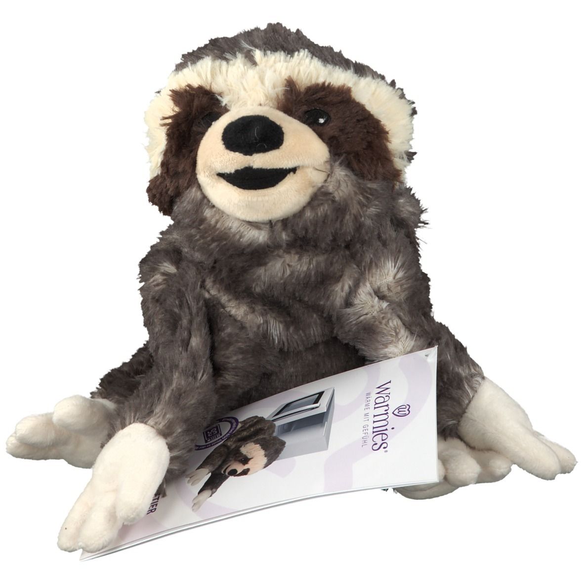 Plüschtier Faultier mit braun-grauem Fell, cremefarbenem Gesicht und weißen Füßen. Mit Produktverpackung.