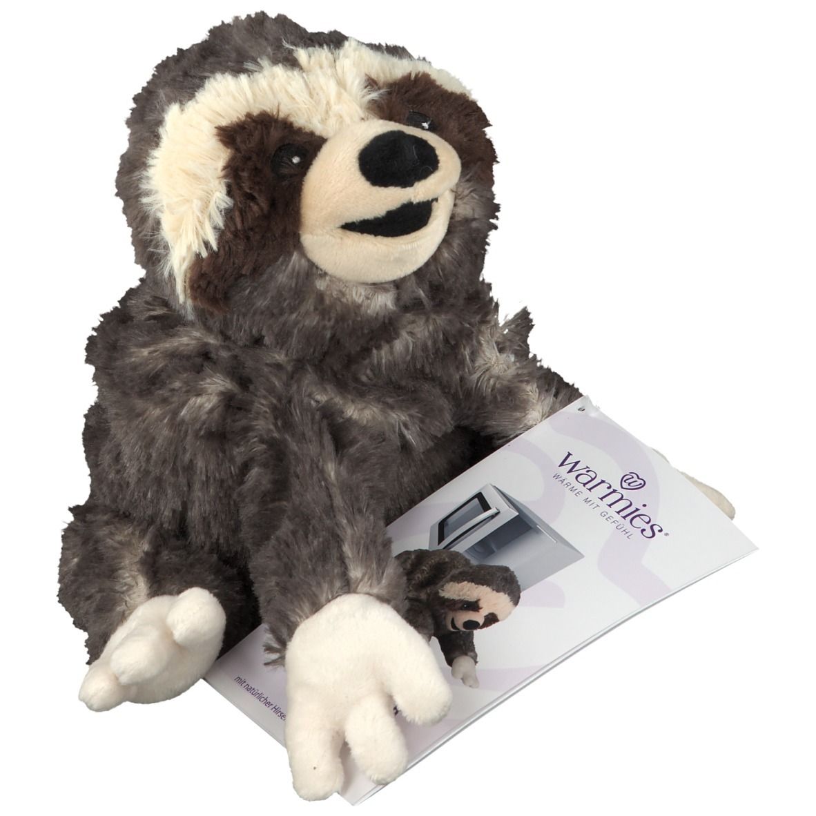 Plüschtier Faultier mit braun-grauem Fell, cremefarbenem Gesicht und weißen Füßen. Mit Produktverpackung.