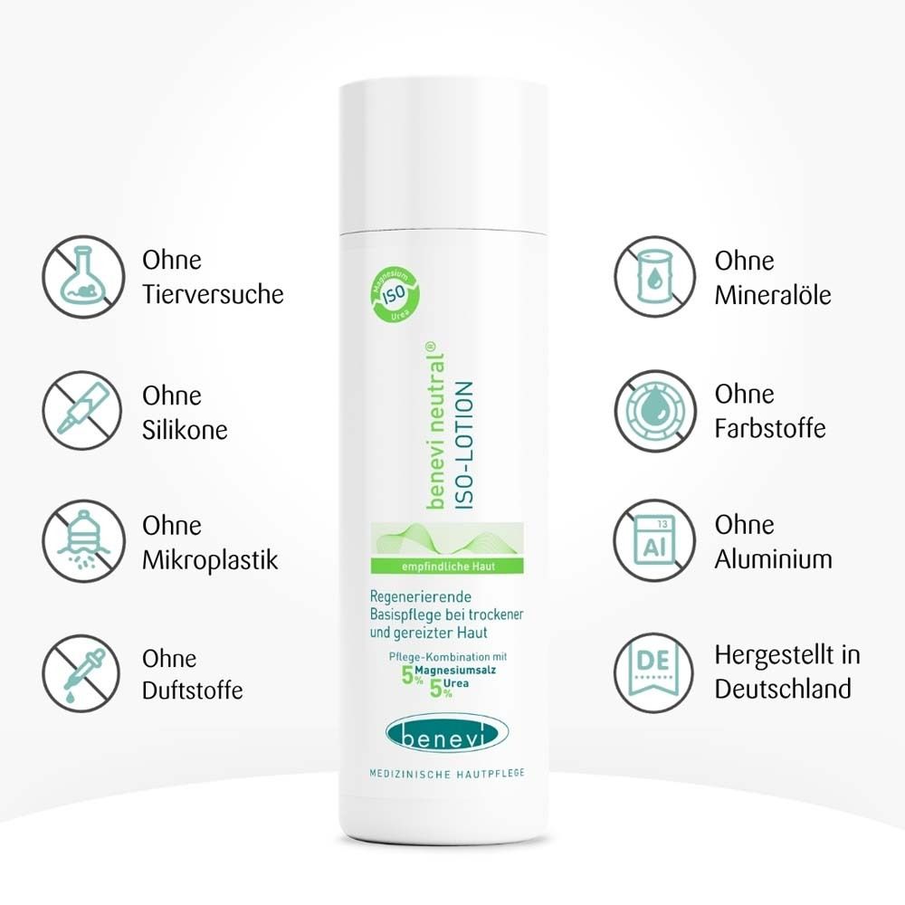 Flacon benevi neutral ISO-Lotion avec symboles d'ingrédients et de qualité.