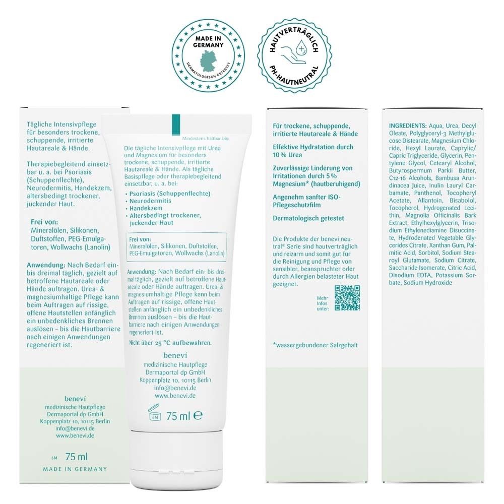 Image du produit et emballage. Texte : Soin intensif quotidien pour les zones cutanées et les mains particulièrement sèches et irritées. 75 ml.