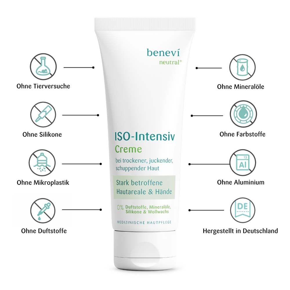 Tube de crème. Texte : ISO-Intensiv Creme. Sans tests sur les animaux, silicones, microplastastiques, parfums, huiles minérales, colorants, aluminium.