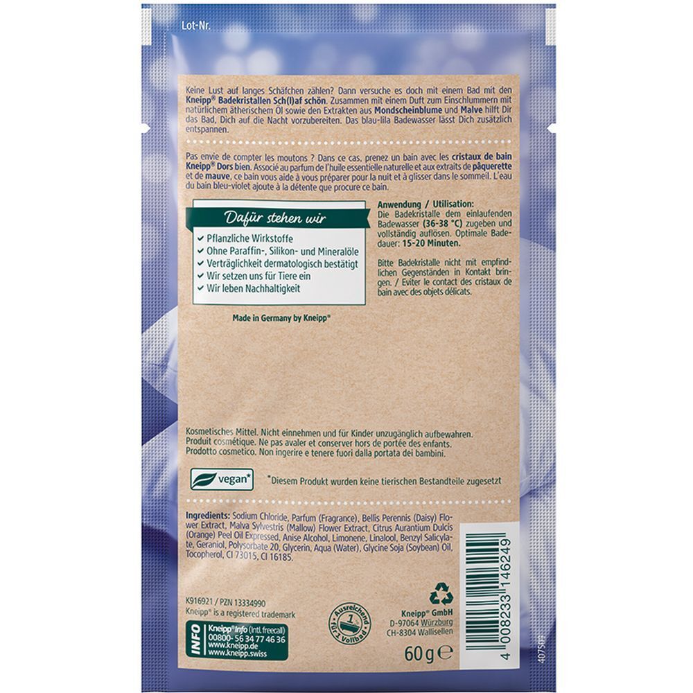 Dos de l'emballage Kneipp® Cristaux de bain Sch(l)af schön. Texte en allemand et français. Ingrédients et label Vegan.