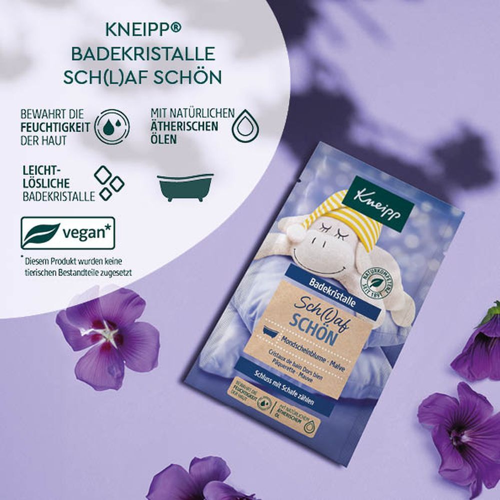 Kneipp® Cristaux de bain Sch(l)af schön. Emballage avec illustrations. Label Vegan. Huiles essentielles naturelles.