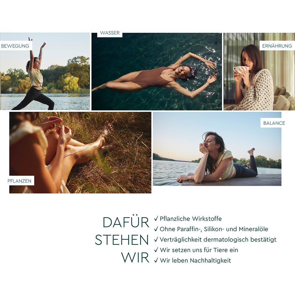 Collage : images de mouvement, eau, alimentation, plantes et équilibre. Texte : C'est pourquoi nous sommes là.