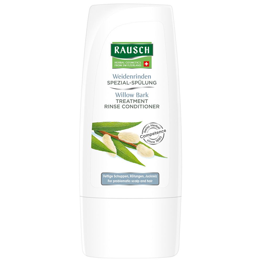 Weidenrinden Spezial-Spülung Flasche. Weiß, mit grünem Etikett. Text: Rausch, Willow Bark Treatment Rinse Conditioner.