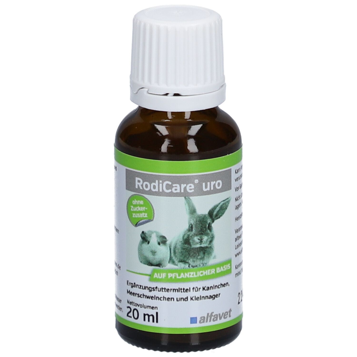 Braune Glasflasche mit weißem Deckel. Etikett mit Produktname, Kaninchen- und Meerschweinchen-Illustration.