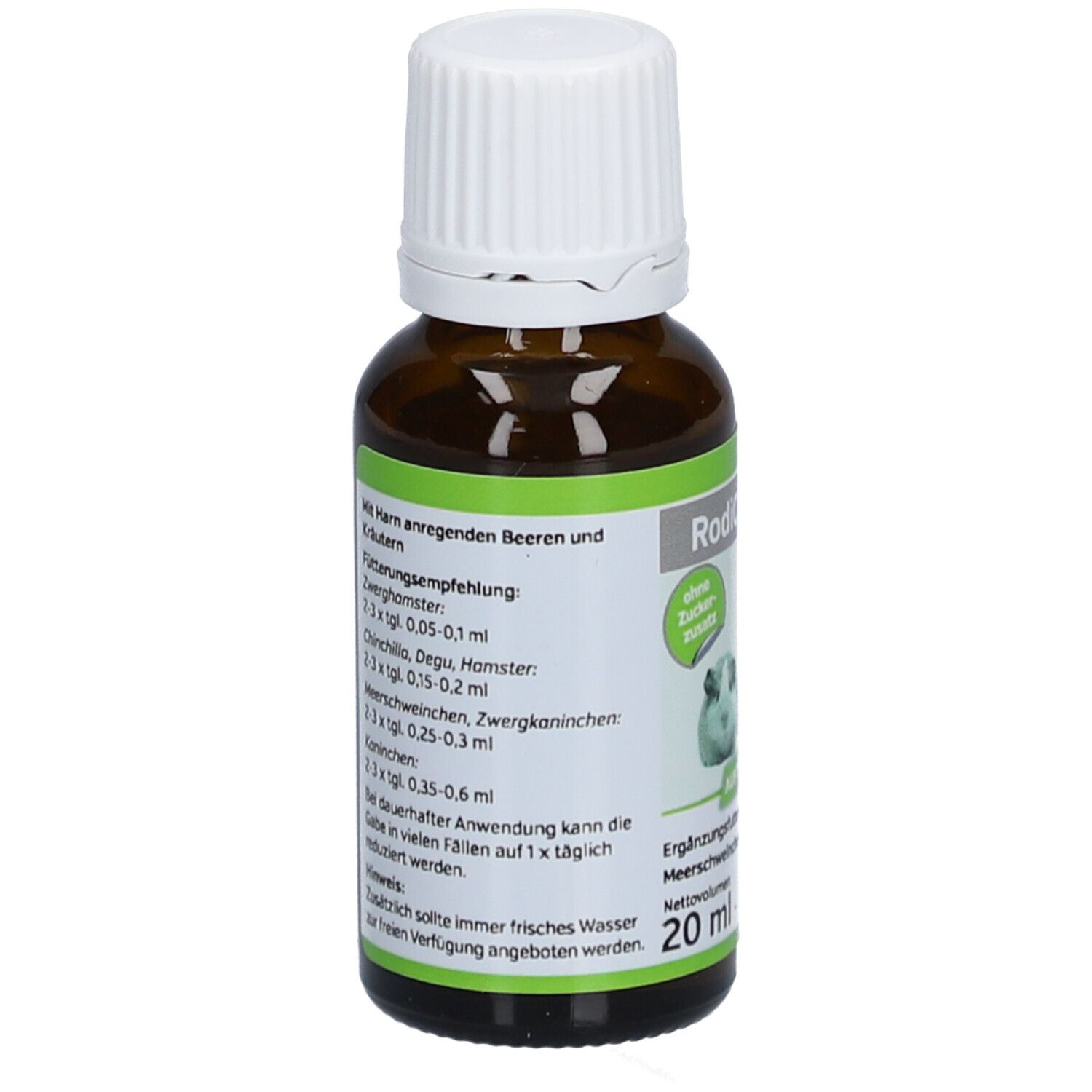 Braune Glasflasche mit weißem Deckel. Etikett mit Dosierungsempfehlungen für verschiedene Kleintiere.