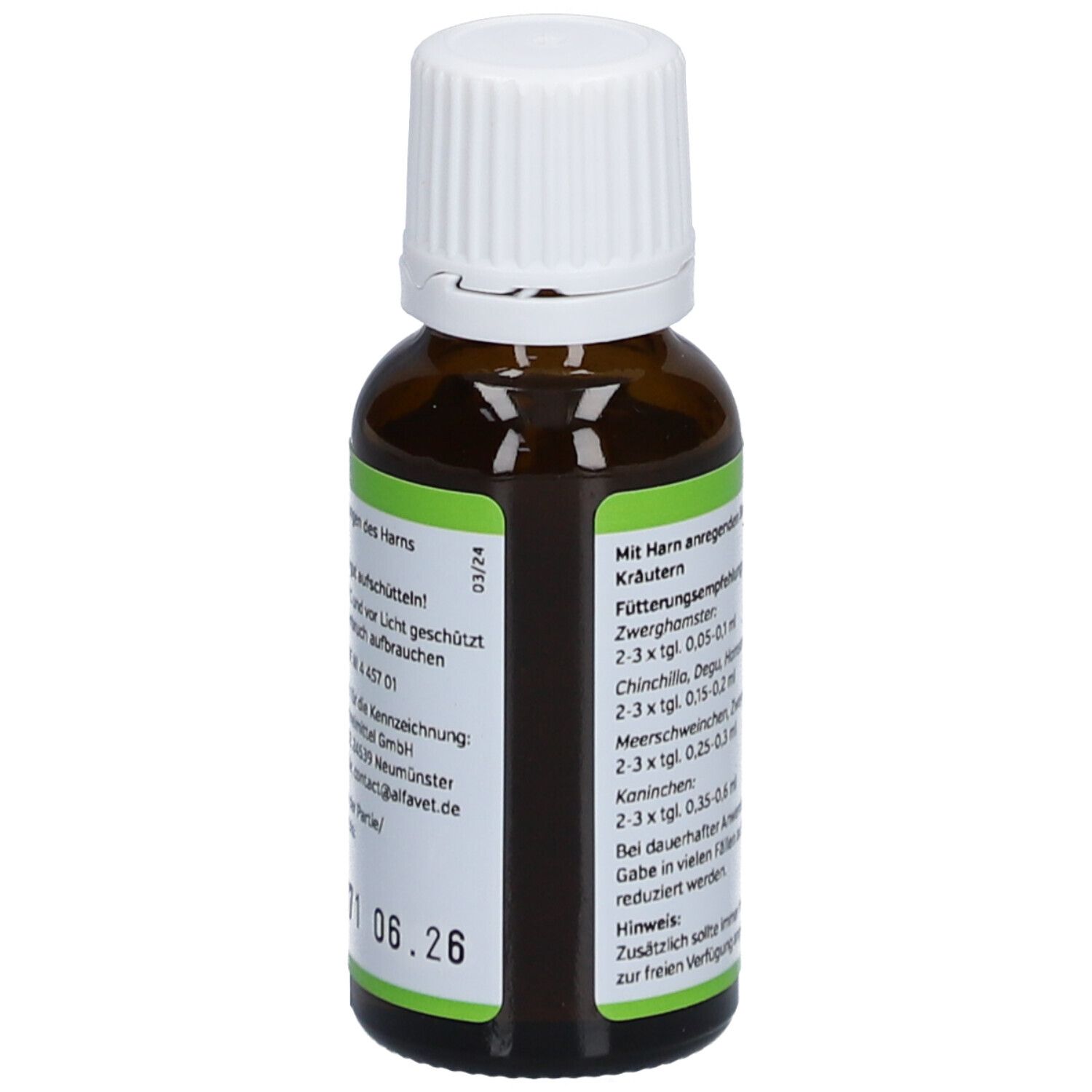 Braune Glasflasche mit weißem Deckel. Etikett mit Informationen zur Haltbarkeit und Inhaltsstoffen.