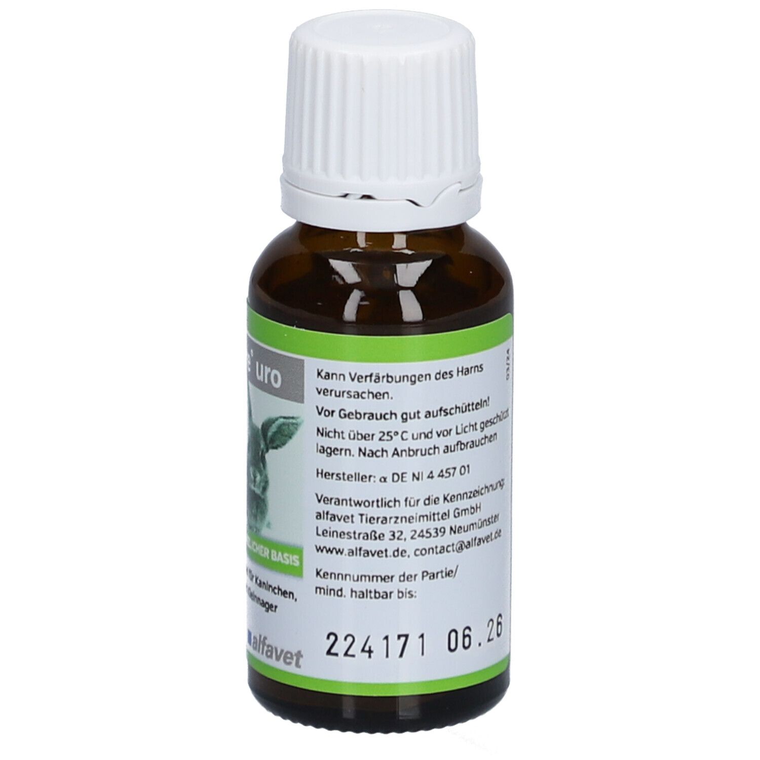 Braune Glasflasche mit weißem Deckel. Etikett mit Herstellerinformationen und Chargennummer.