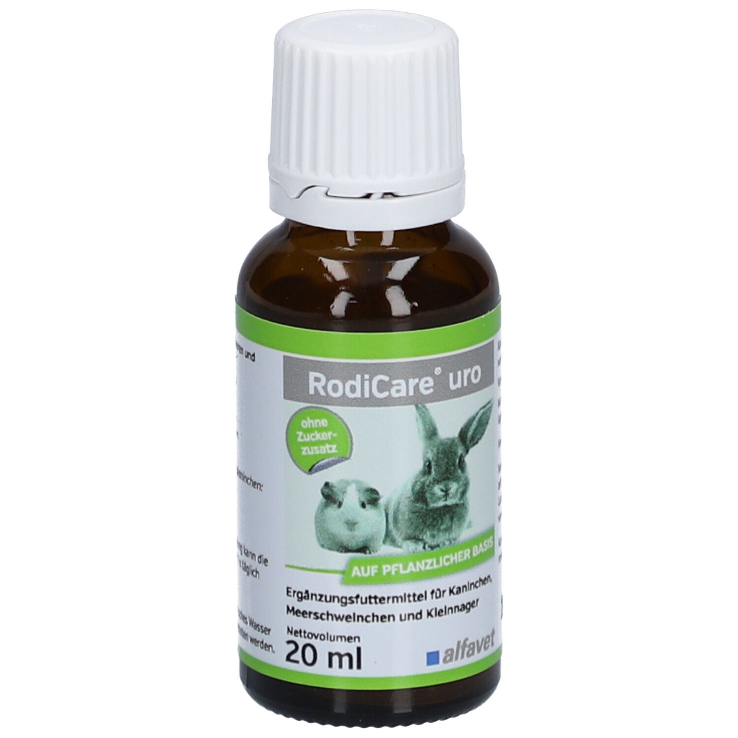 Braune Glasflasche mit weißem Deckel. Etikett mit Produktname, Kaninchen- und Meerschweinchen-Illustration.