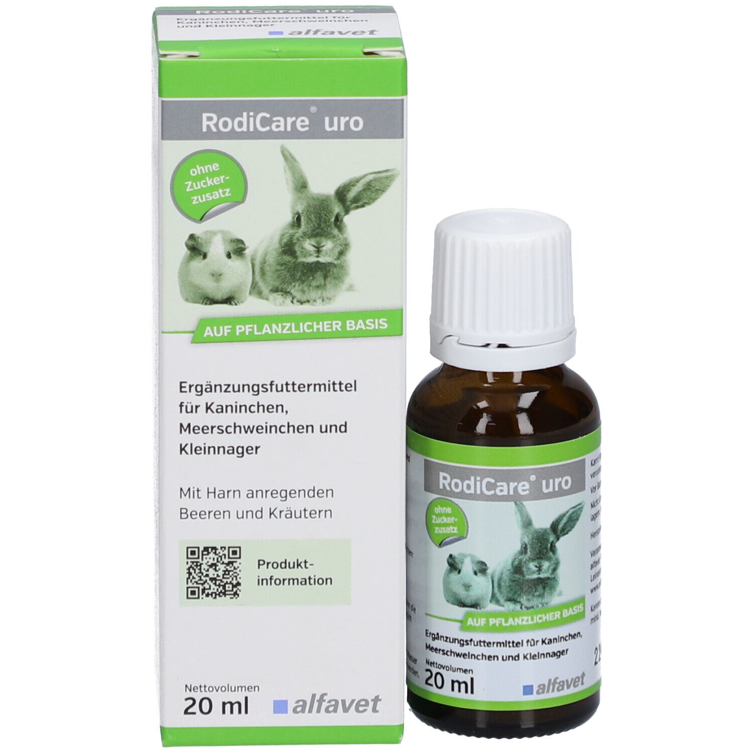 Braune Glasflasche und Karton. Karton mit Produktname, Kaninchen- und Meerschweinchen-Illustration.