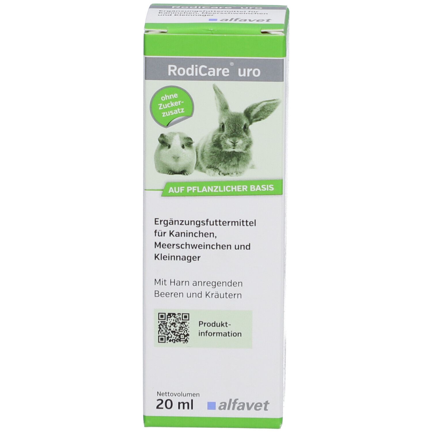 Karton mit Produktname, Kaninchen- und Meerschweinchen-Illustration. Flasche nicht sichtbar.