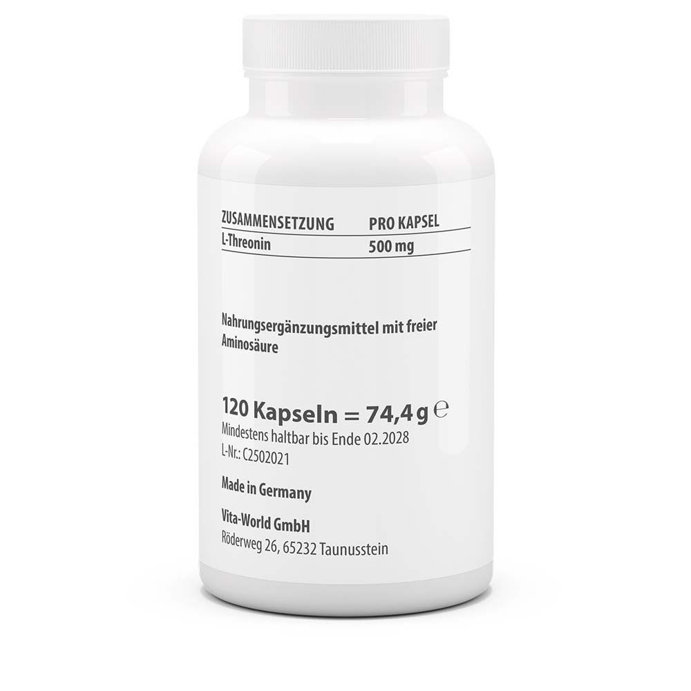 Dos de la bouteille blanche VitaWorld L-Threonin 500. Ingrédients, dosage, durée de conservation et fabricant.