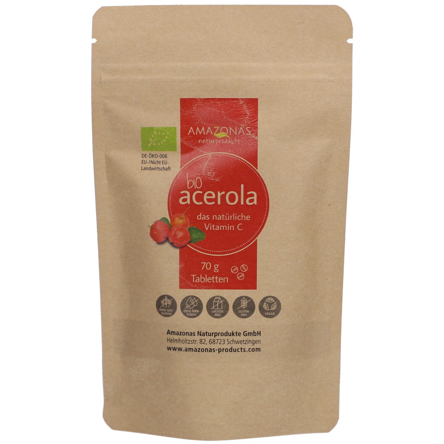 Runde Dose mit rotem Etikett. Aufschrift: Bio Acerola, Vitamin C. Enthält 70g Tabletten. Bio-Siegel.