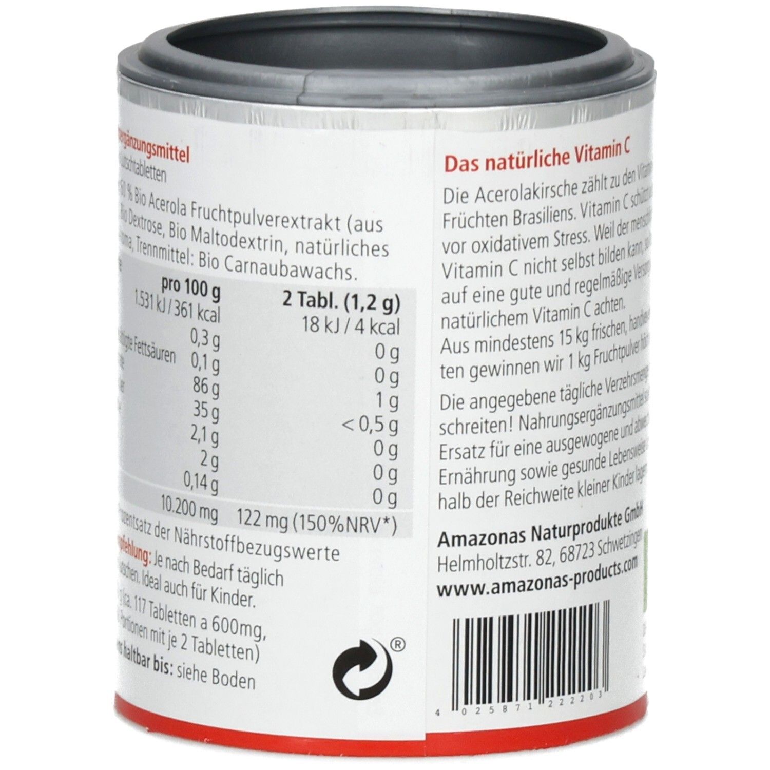 Rückseite der Dose mit Nährwertangaben pro 100g und pro 2 Tabletten. Zutatenliste. Herstelleradresse.
