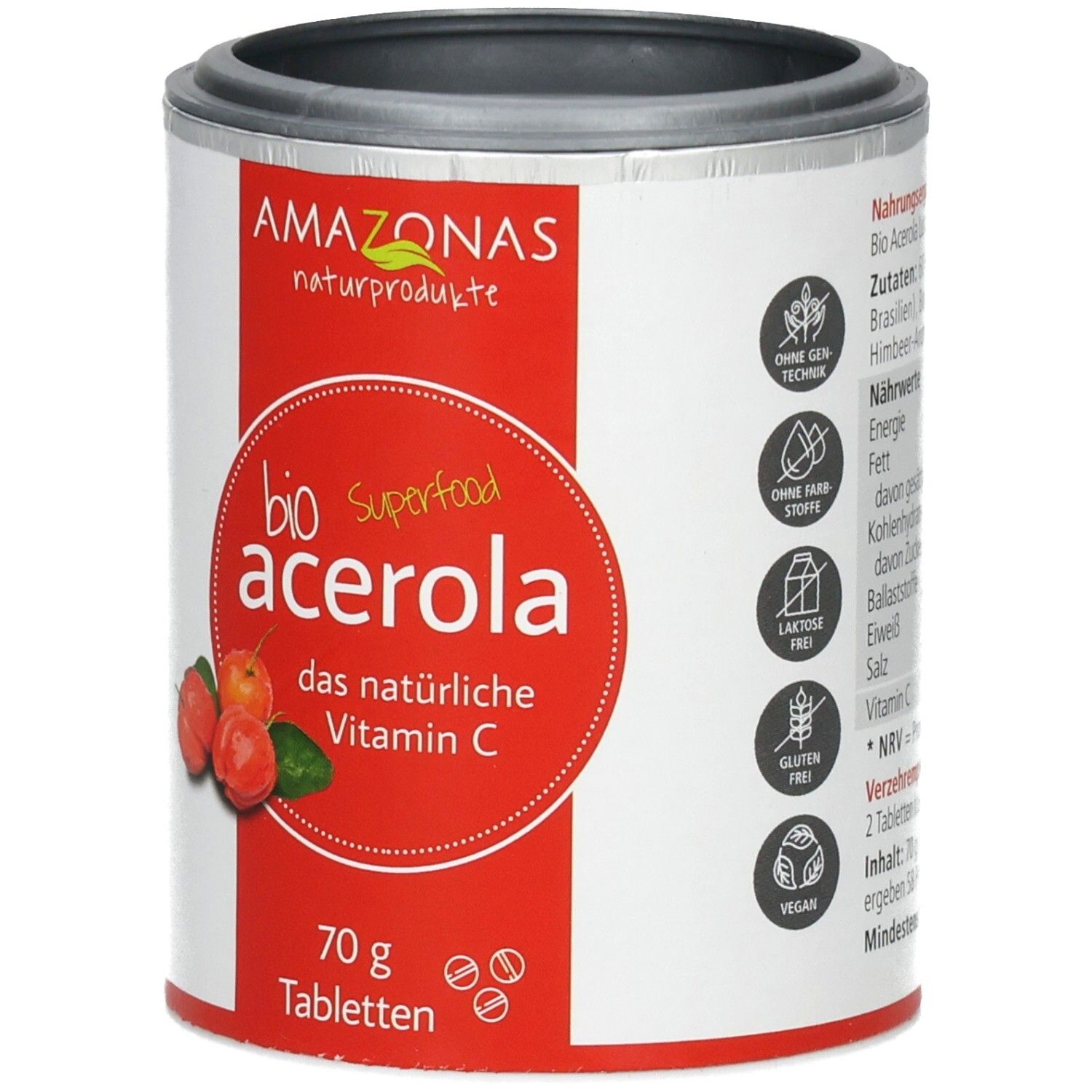 Runde Dose mit rotem Etikett. Aufschrift: Bio Acerola, Vitamin C. Enthält 70g Tabletten. Siegel: glutenfrei, vegan.
