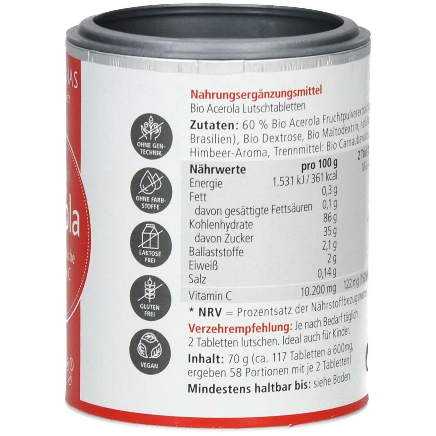 Beutel mit rotem Etikett. Aufschrift: Bio Acerola, Vitamin C. Enthält 70g Tabletten. Bio-Siegel. Herstelleradresse.