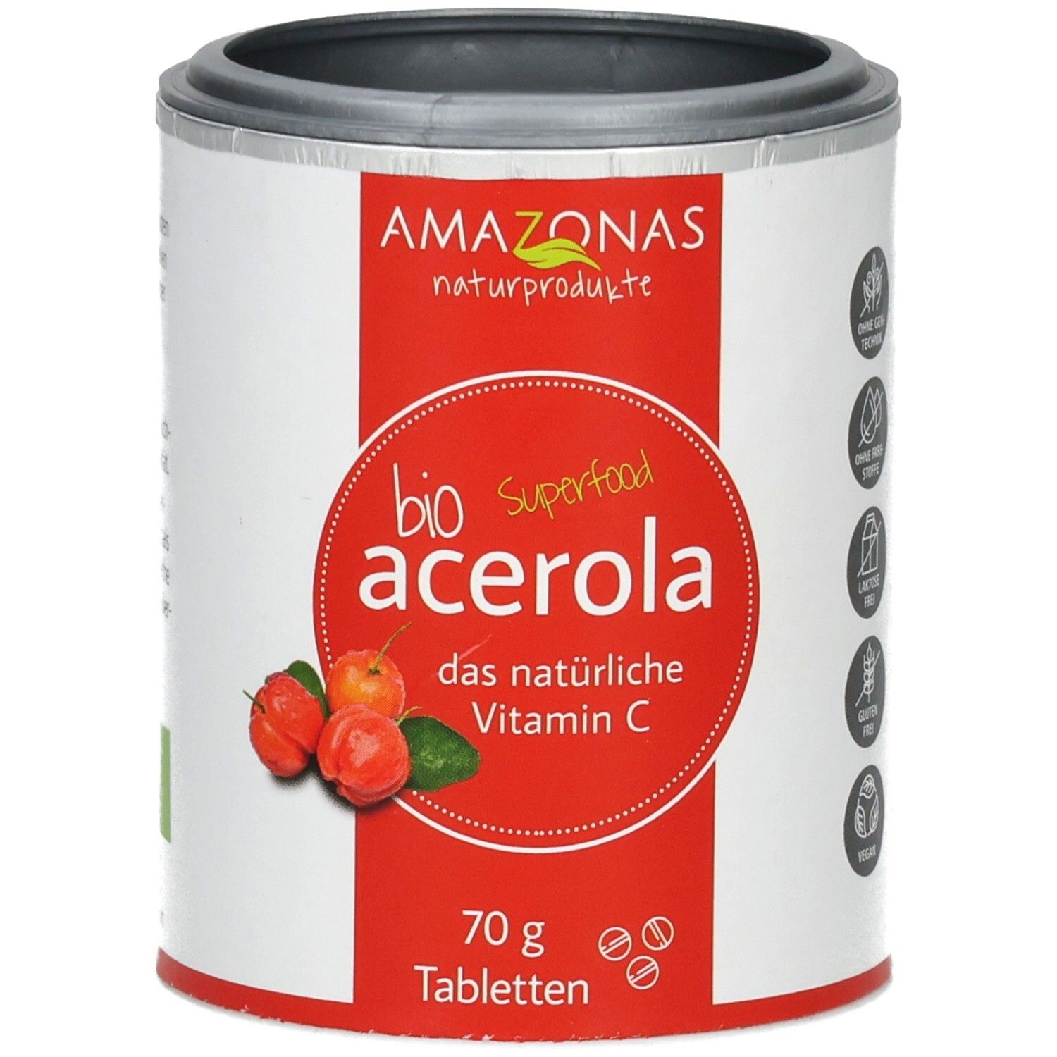 Beutel mit rotem Etikett. Aufschrift: Bio Acerola, Vitamin C. Enthält 70g Tabletten. Bio-Siegel. Herstelleradresse.
