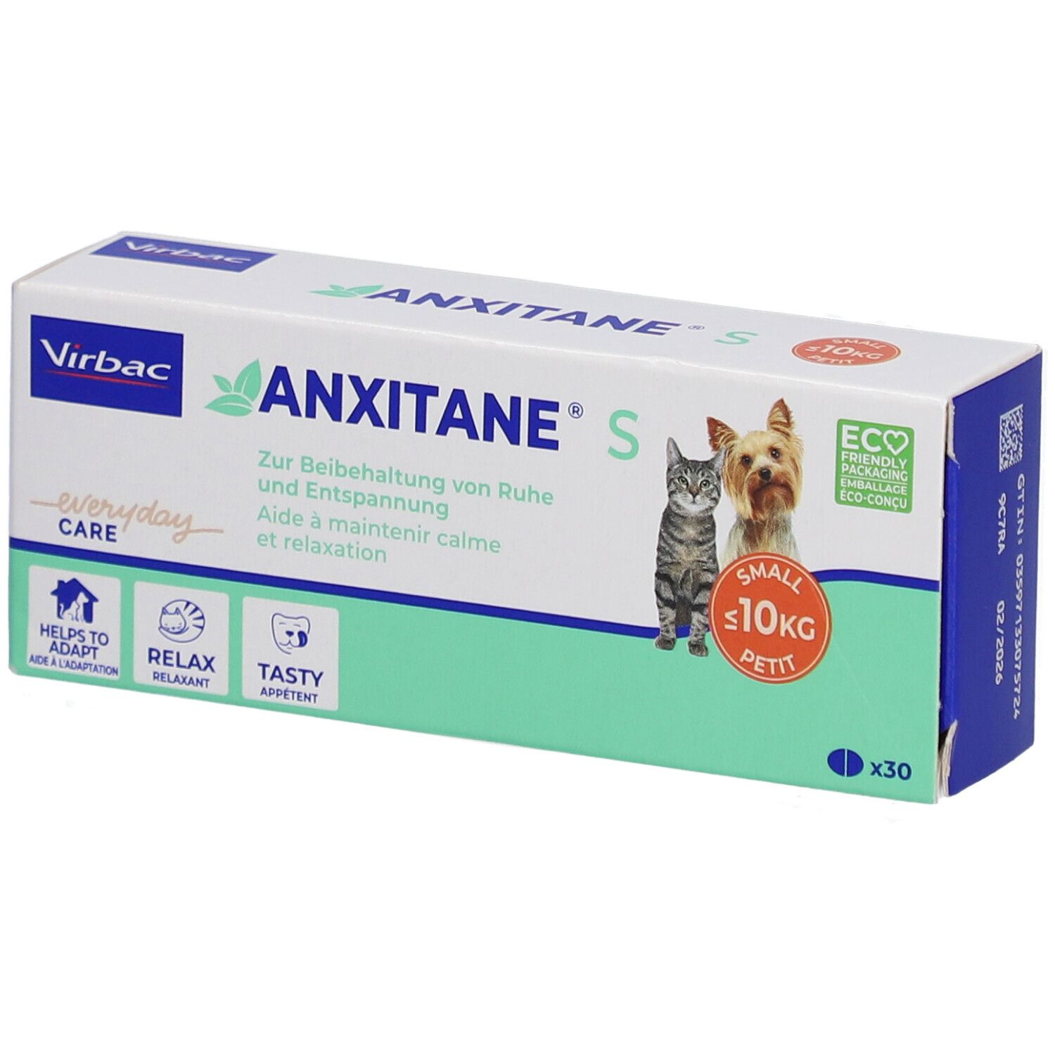 Boîte "ANXITANE S" avec logo, chat et chien. Contient 30 comprimés. Symboles "Helps to adapt", "Relax", "Tasty". Emballage éco.