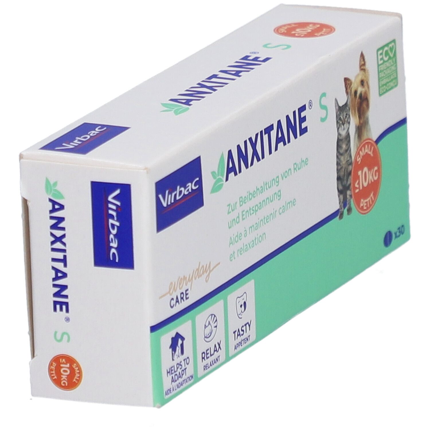 Vue oblique de la boîte "ANXITANE S". Logo, chat et chien. Texte: "Pour maintenir calme et relaxation". Emballage éco.